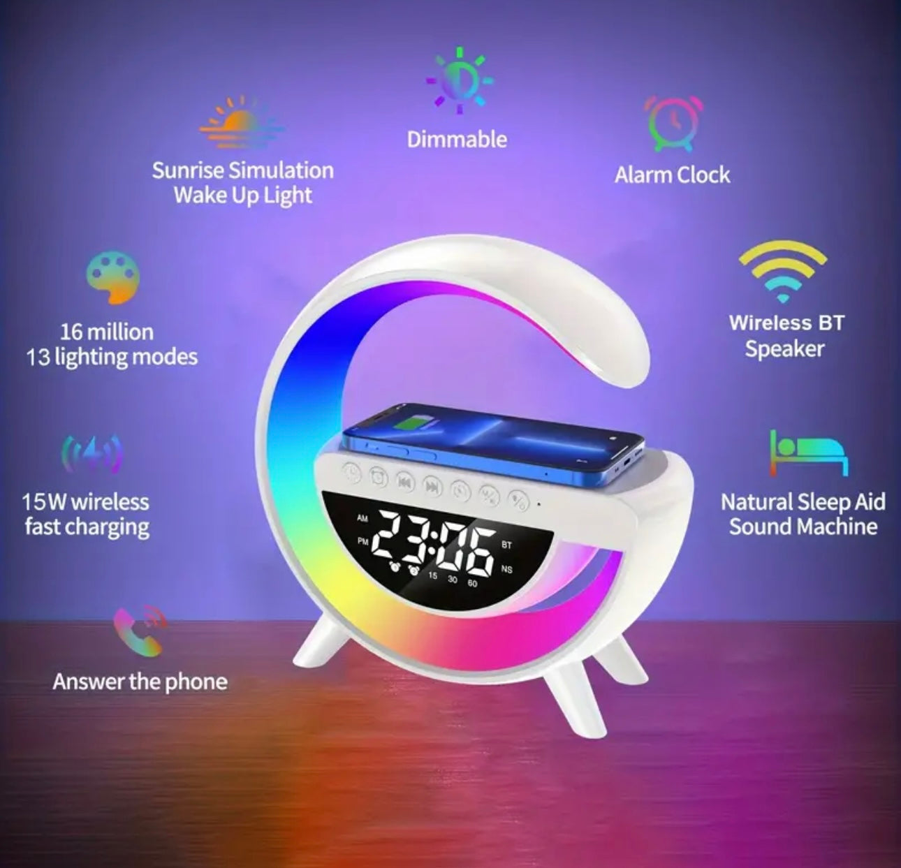 Lampara de mesa inteligente con altavoz, cargador inalámbrico y luz ambiental RGB