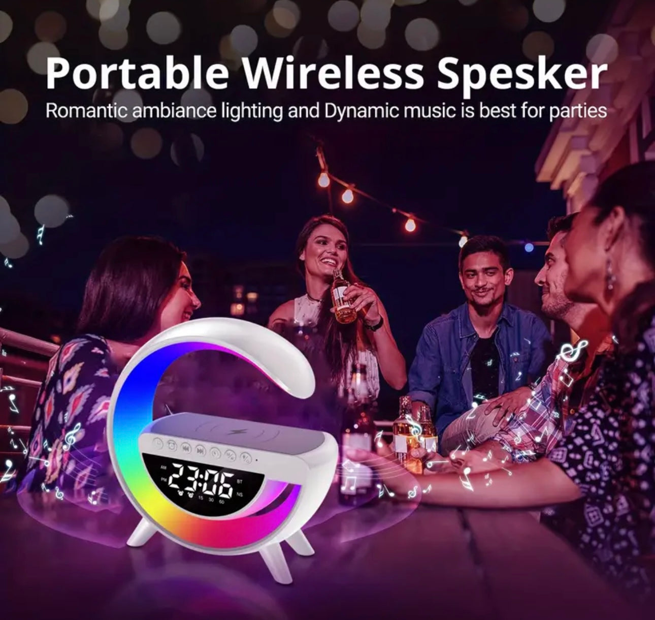 Lampara de mesa inteligente con altavoz, cargador inalámbrico y luz ambiental RGB