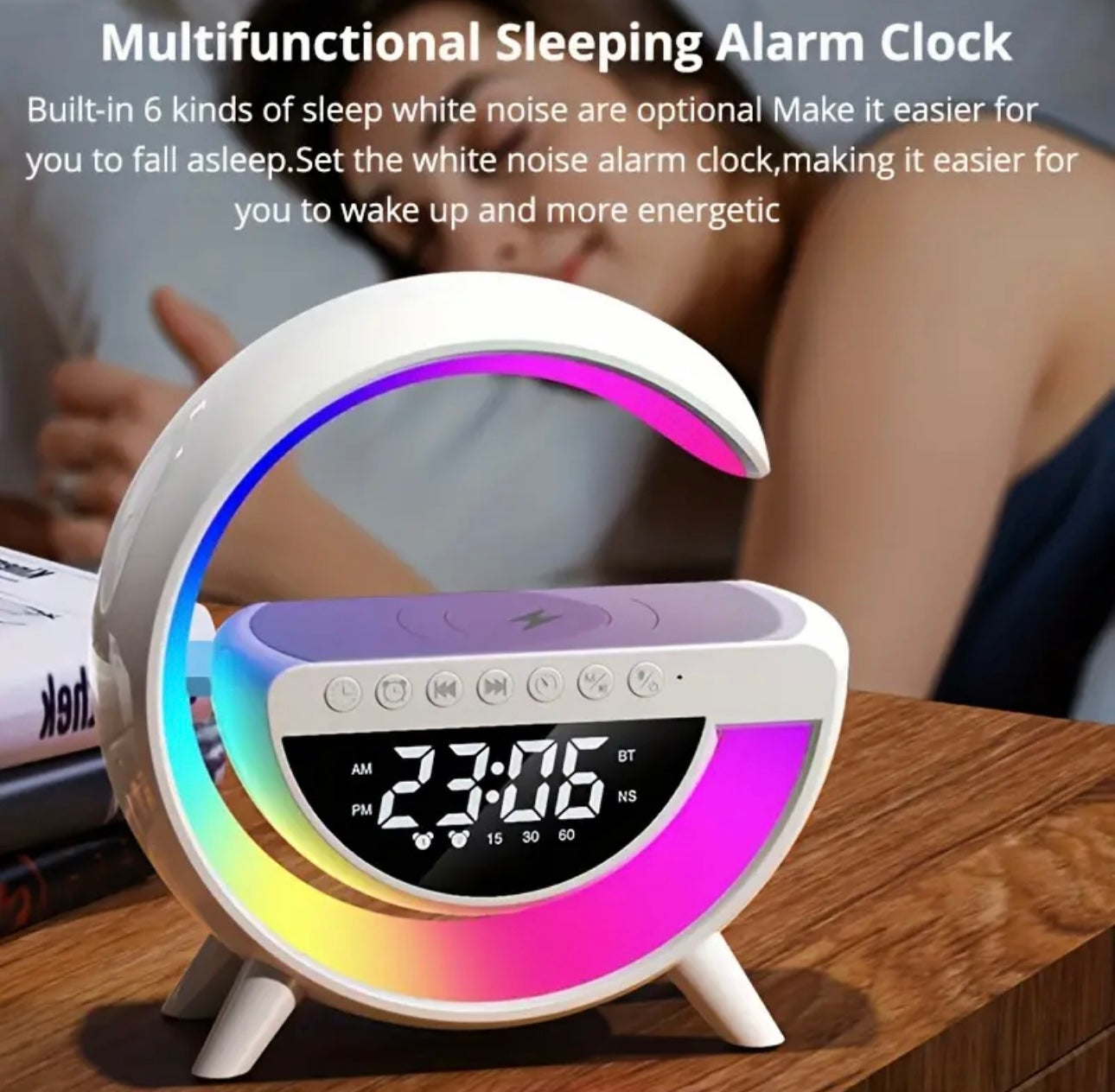 Lampara de mesa inteligente con altavoz, cargador inalámbrico y luz ambiental RGB